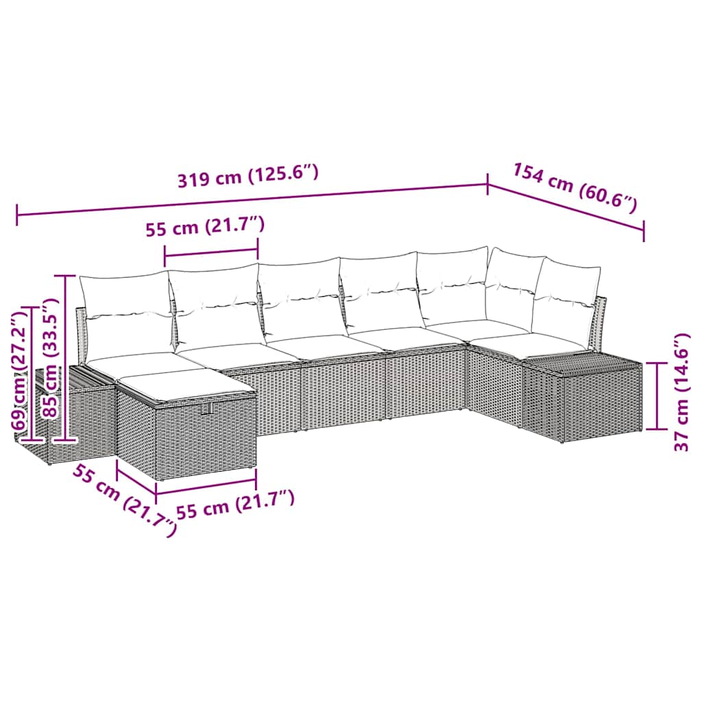 vidaXL Σετ καναπέ κήπου 7 τεμαχίων με μαξιλάρια Μπεζ Πολυ Ρατάν
