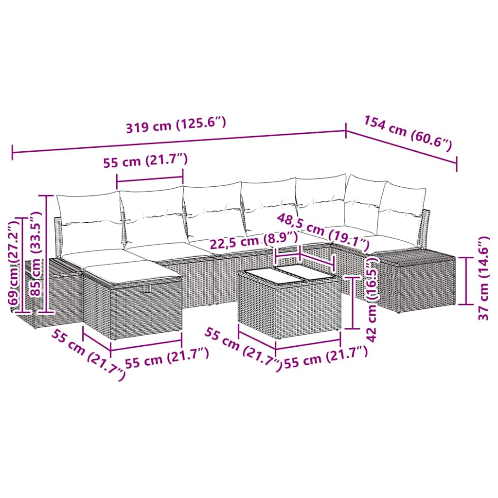 vidaXL Σετ 8 Τεμαχίων Καναπέ Κήπου με Μαξιλάρια Μπεζ Πολυ Ρατάν