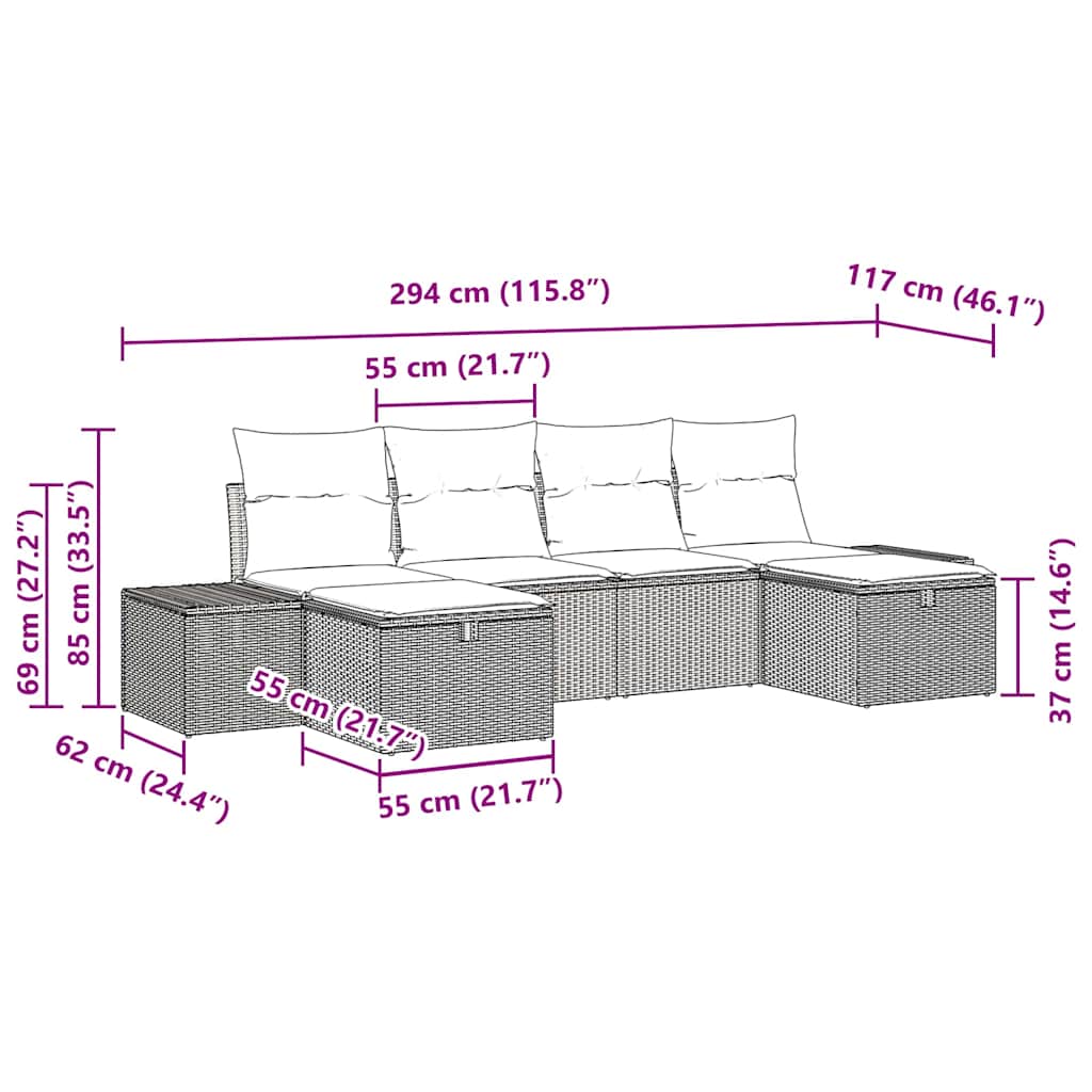 vidaXL Σετ Καναπέδων Κήπου 6 κομματιών με Μαξιλάρια Ανοιχτό Γκρι Πολυκαρβονικό Ρατάν