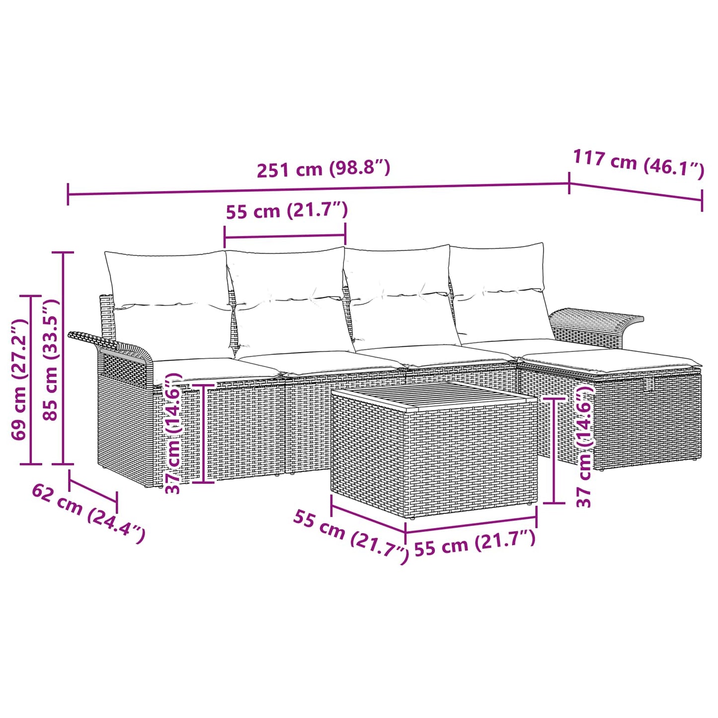 vidaXL Σετ Καναπέ Κήπου με μαξιλάρι 6 pcs Μαύρο συνθετικό ρατάν