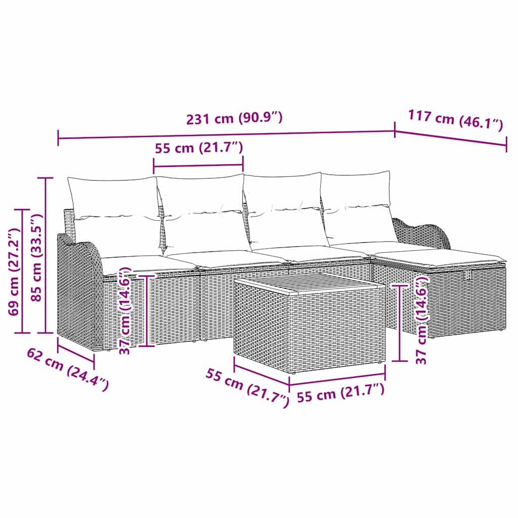 vidaXL Σετ Σαλονιού 6 Τεμαχίων με Μαξιλάρια Μαύρο Πολυ Ρατάν