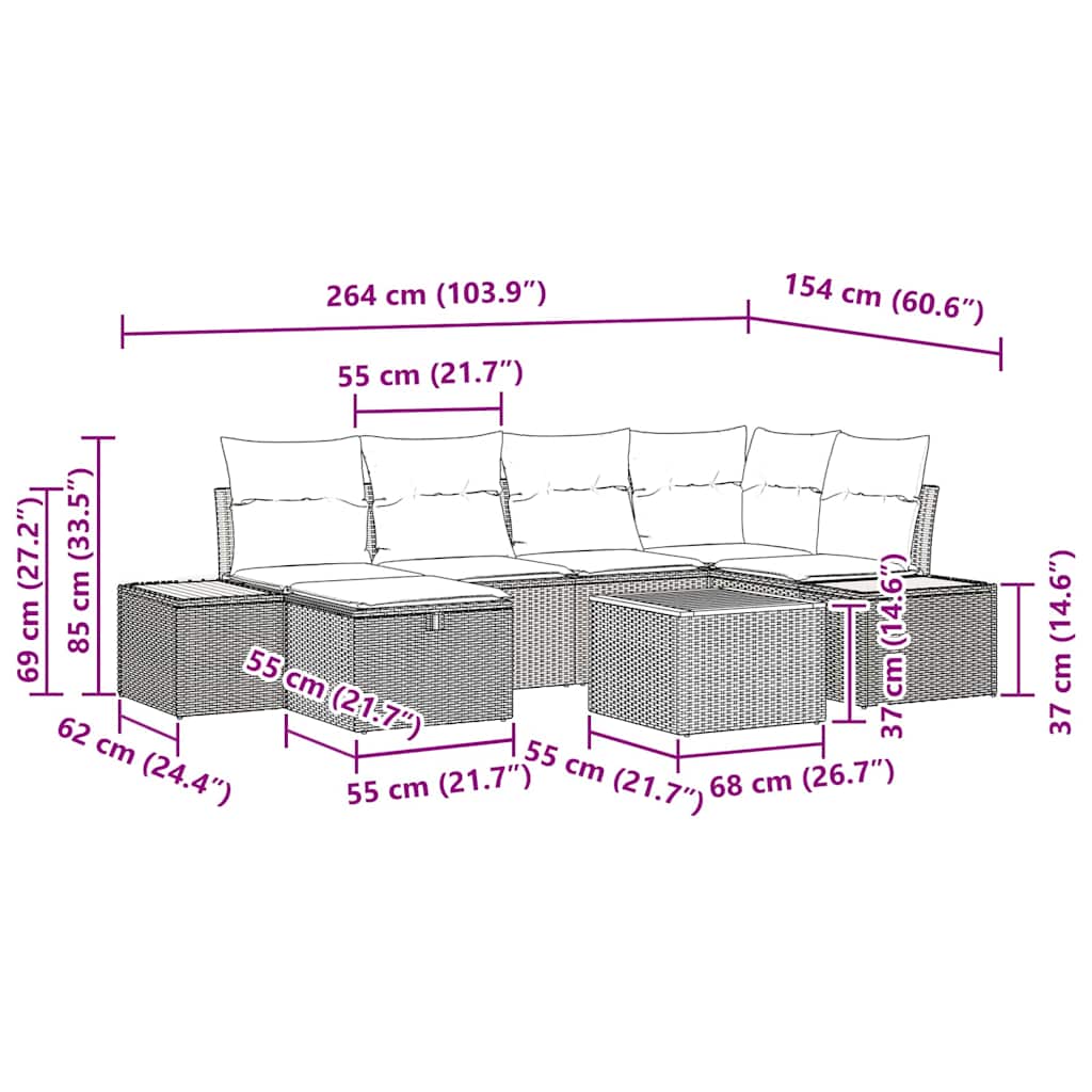 vidaXL Σετ Καναπέ Κήπου με μαξιλάρι 7 pcs Μαύρο Πολυ ράταν