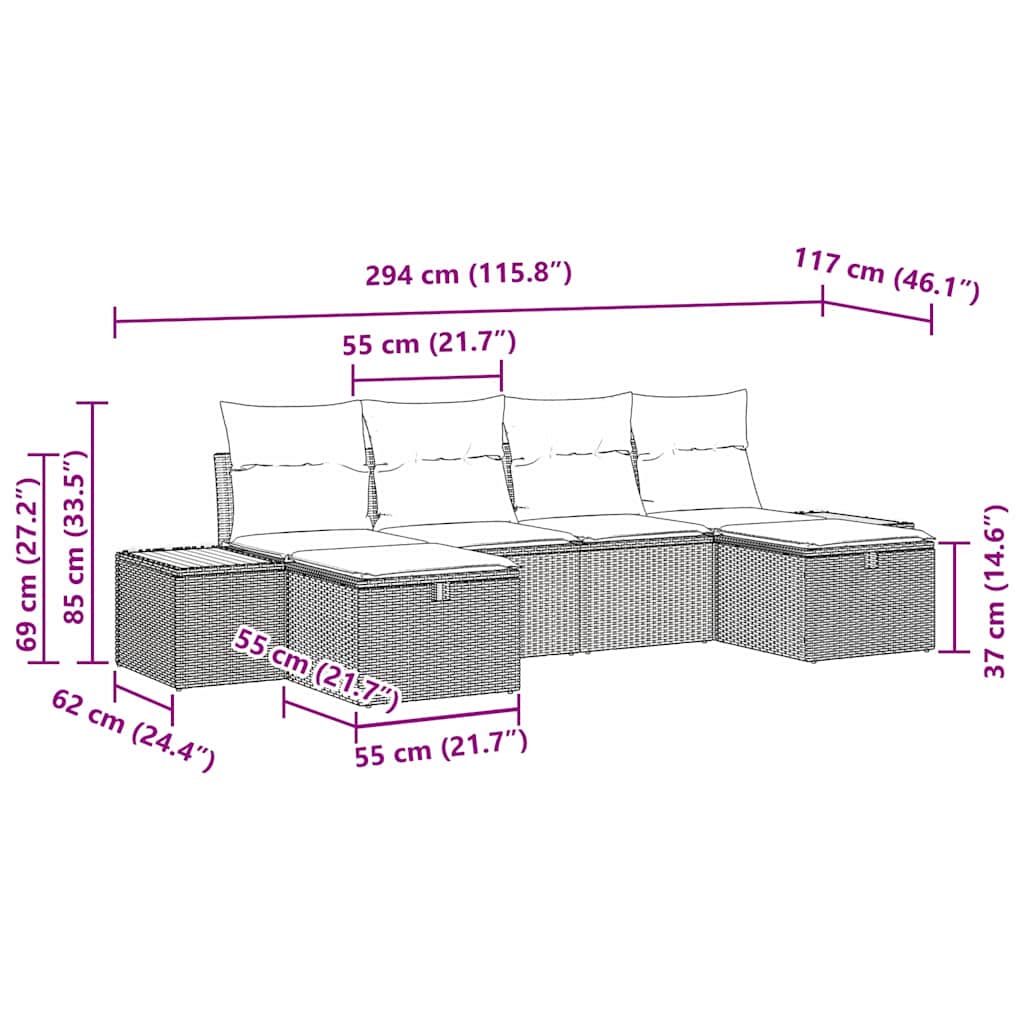 vidaXL Σετ Καναπέ 6 Τμημάτων Με Μαξιλάρια Μαύρο Πολυ Ράτανα
