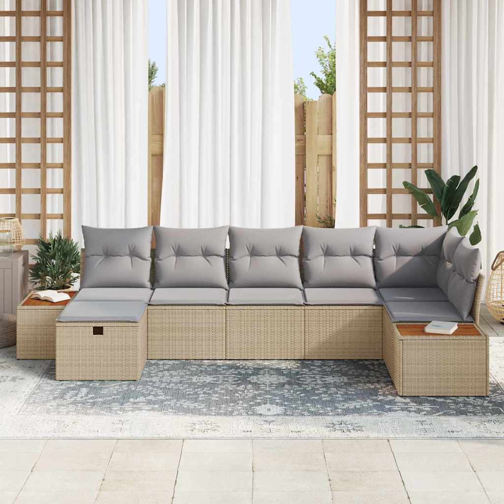 vidaXL Σετ Καναπέ Κήπου με μαξιλάρι 7 pcs Μπεζ Πολυ ράταν