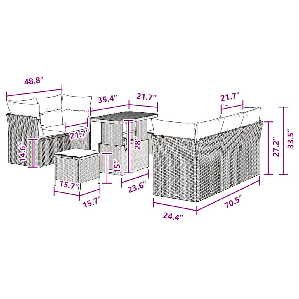 Σετ Καναπέ Κήπου 8 Τεμαχίων με Μαξιλάρια Μαύρο Ρατάν Poly Acacia