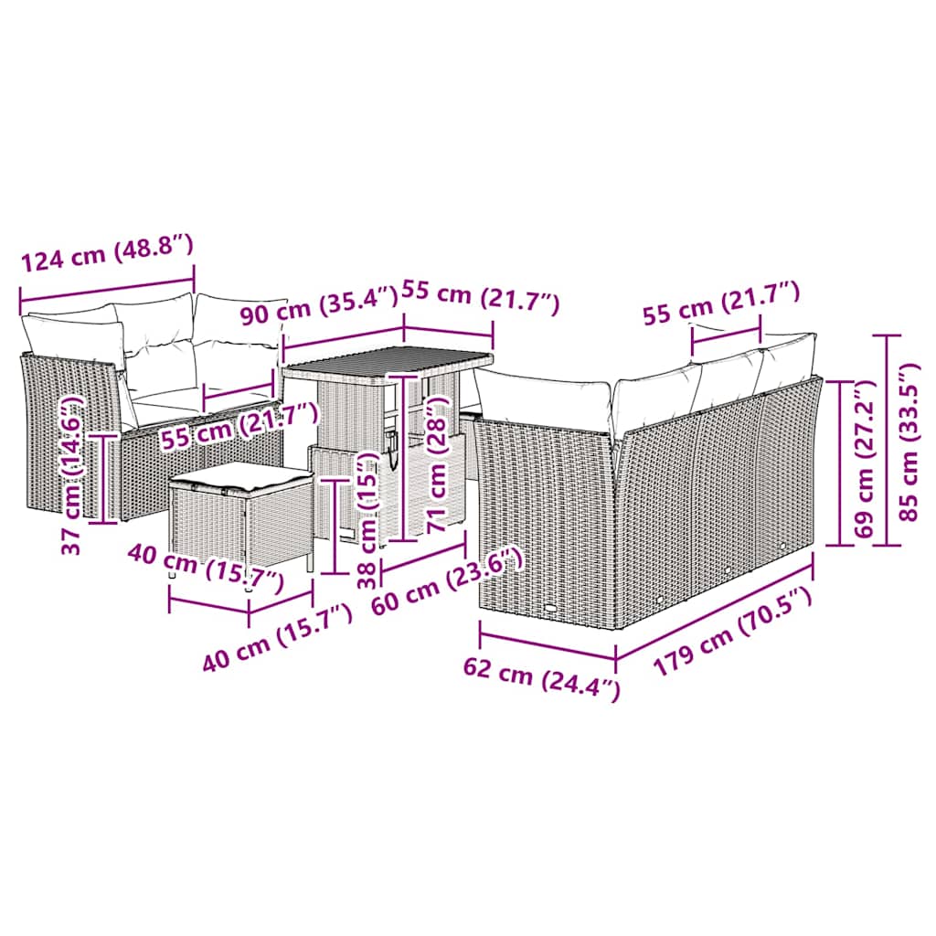 vidaXL 8 Τεμαχίων Σετ Καναπέ Κήπου με Μαξιλάρια Γκρι Συνθετικός Ρατάν Ακακία