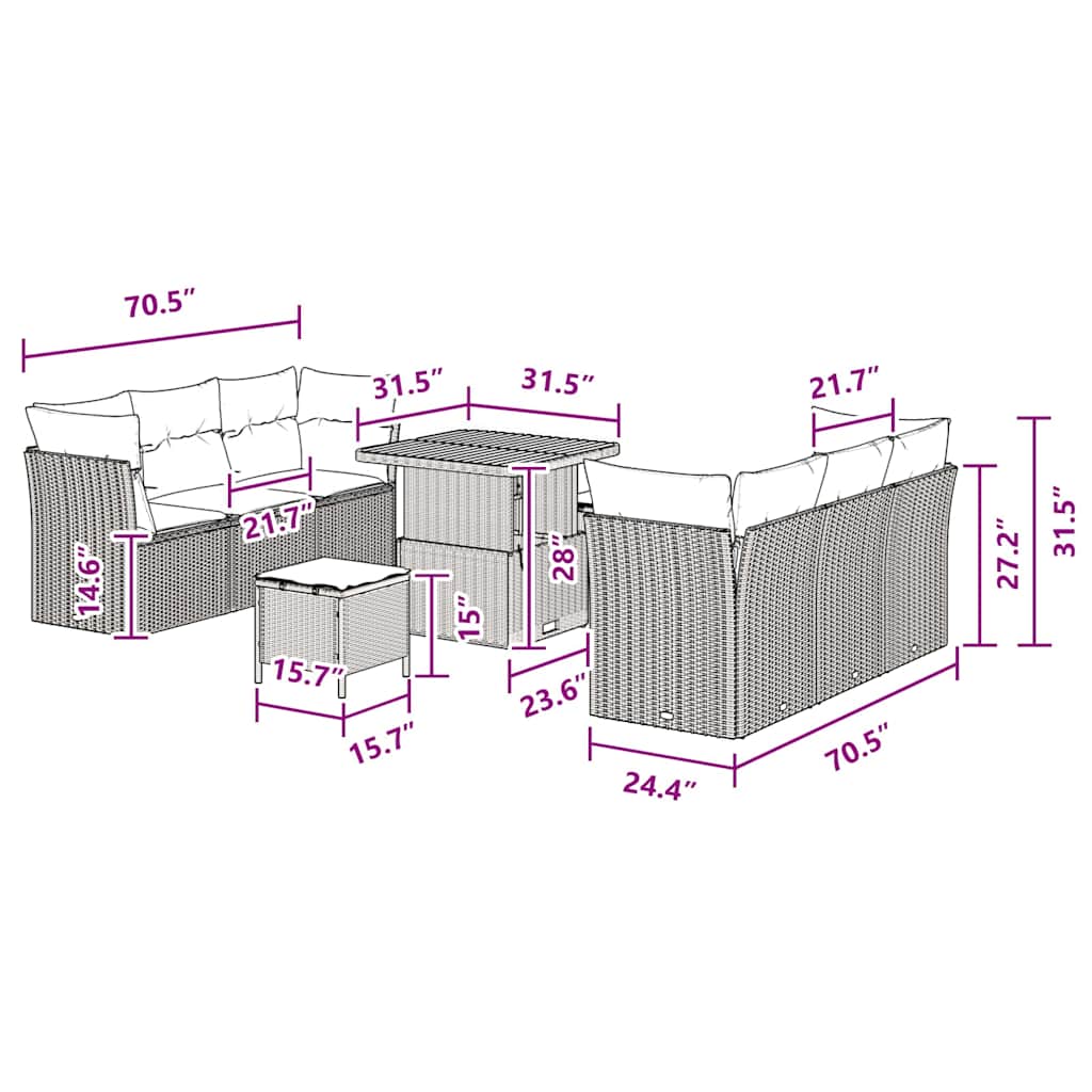 Σετ Καναπέ Κήπου vidaXL 9 Τεμαχίων με Μαξιλάρια Μαύρο Πολυ Ράτα Ακακία