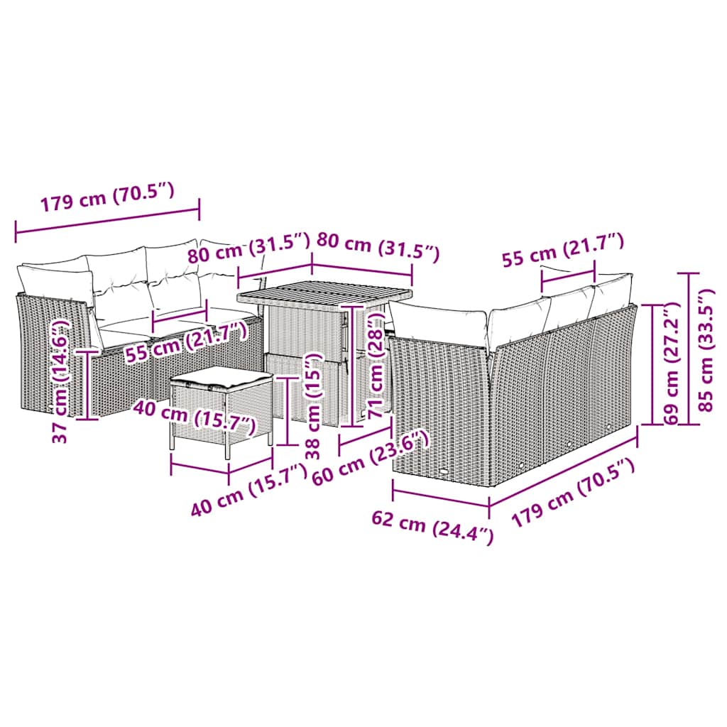 vidaXL 9 κομμάτια Σαλονάκι Κήπου με Μαξιλάρια Μαύρο Πολυ Ρατάν
