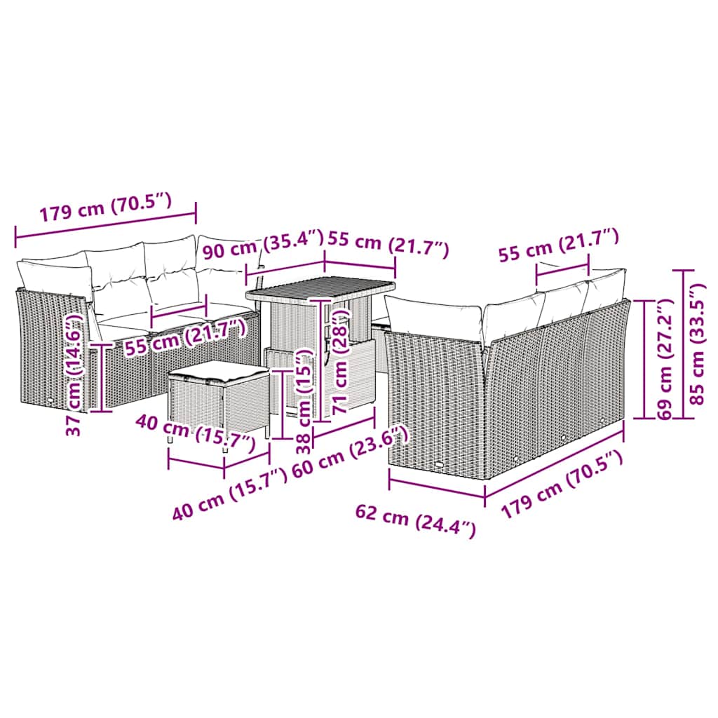 vidaXL 9 Τεμαχίων Σετ Καναπέ Κήπου με Μαξιλάρια Μαύρο Πολυ Ρατάν Ακακία
