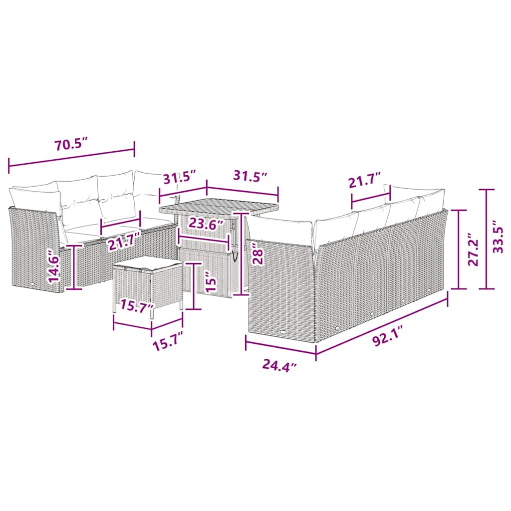 Σετ Καναπέ Κήπου 10 Τεμαχίων με Μαξιλάρια Μαύρο Πολυ Ράτα Ακακία