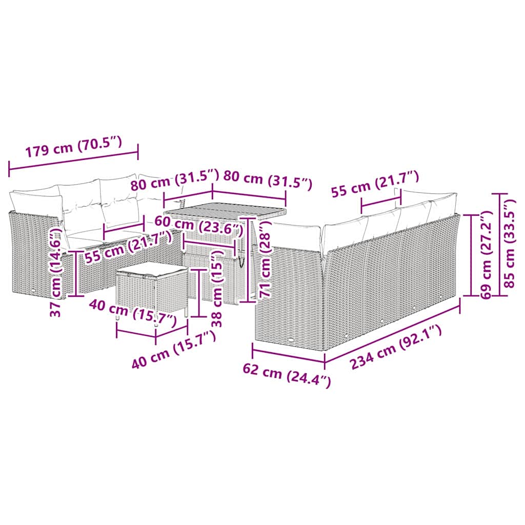 vidaXL Σετ Σαλονιού Κήπου 10 Τεμαχίων με Μαξιλάρια Μπεζ Πολυ Ρατάν Ακακία