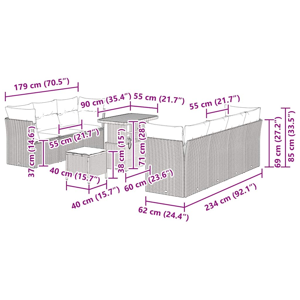 vidaXL Σετ 10 Τεμαχίων Σαλονιού Κήπου με Μαξιλάρια Μπεζ Πολυ Ρατάν Ακακία