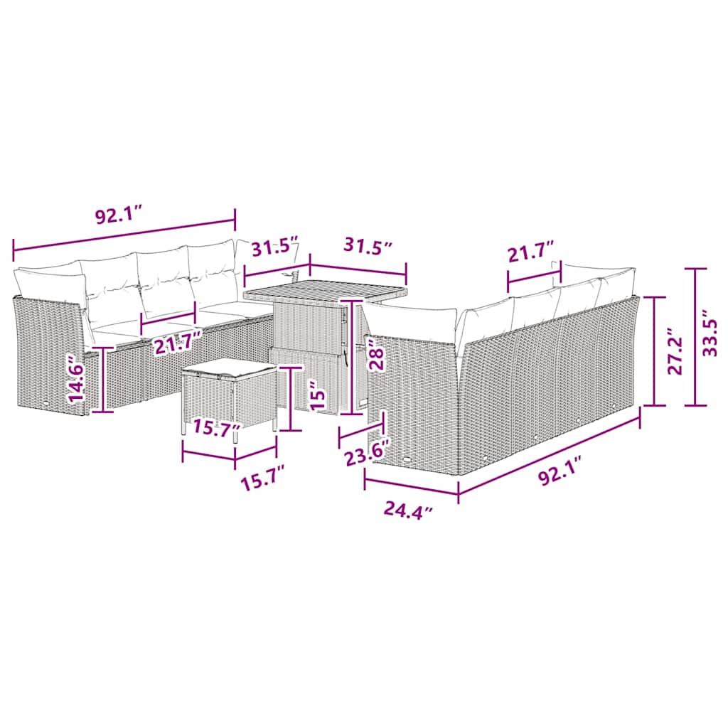 vidaXL Σετ Καναπέ Κήπου 11 Τεμαχίων με Μαξιλάρια Μαύρο Πολυ Ρατάν Ακακία