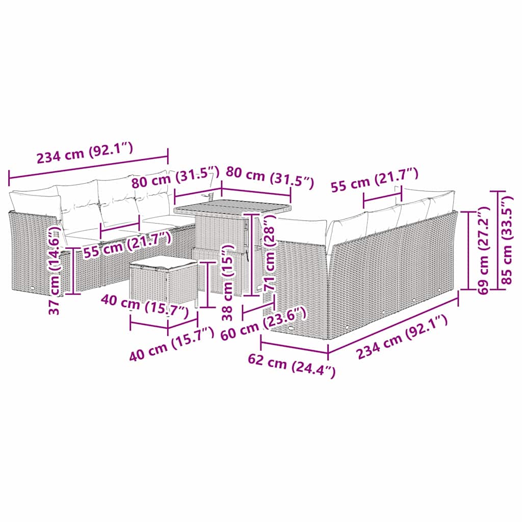 vidaXL Σετ Καθιστικού 11 τεμαχίων με Μαξιλάρια Μπεζ Ρατάν