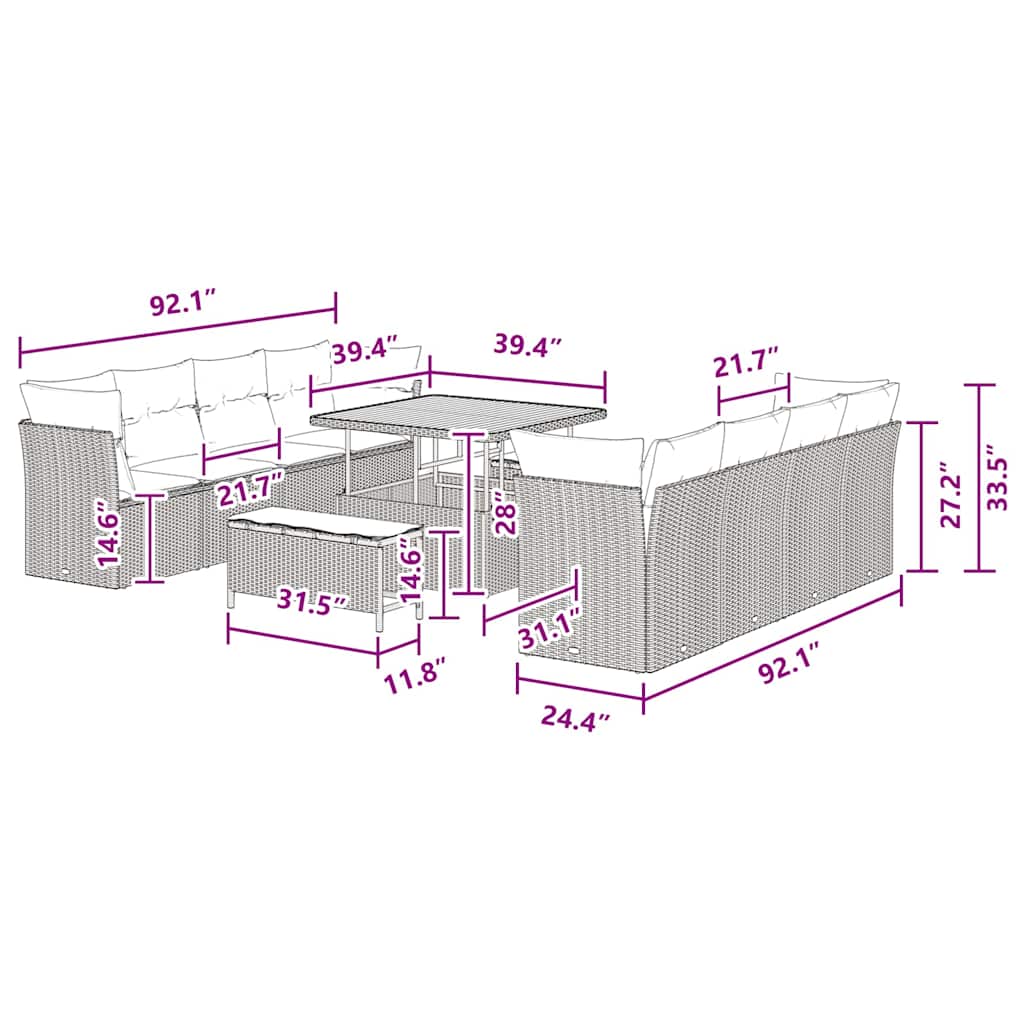 Σετ Καναπέδων 11 Τεμαχίων με Μαξιλάρια Μαύρο Πολυ Ράταν Ακακία