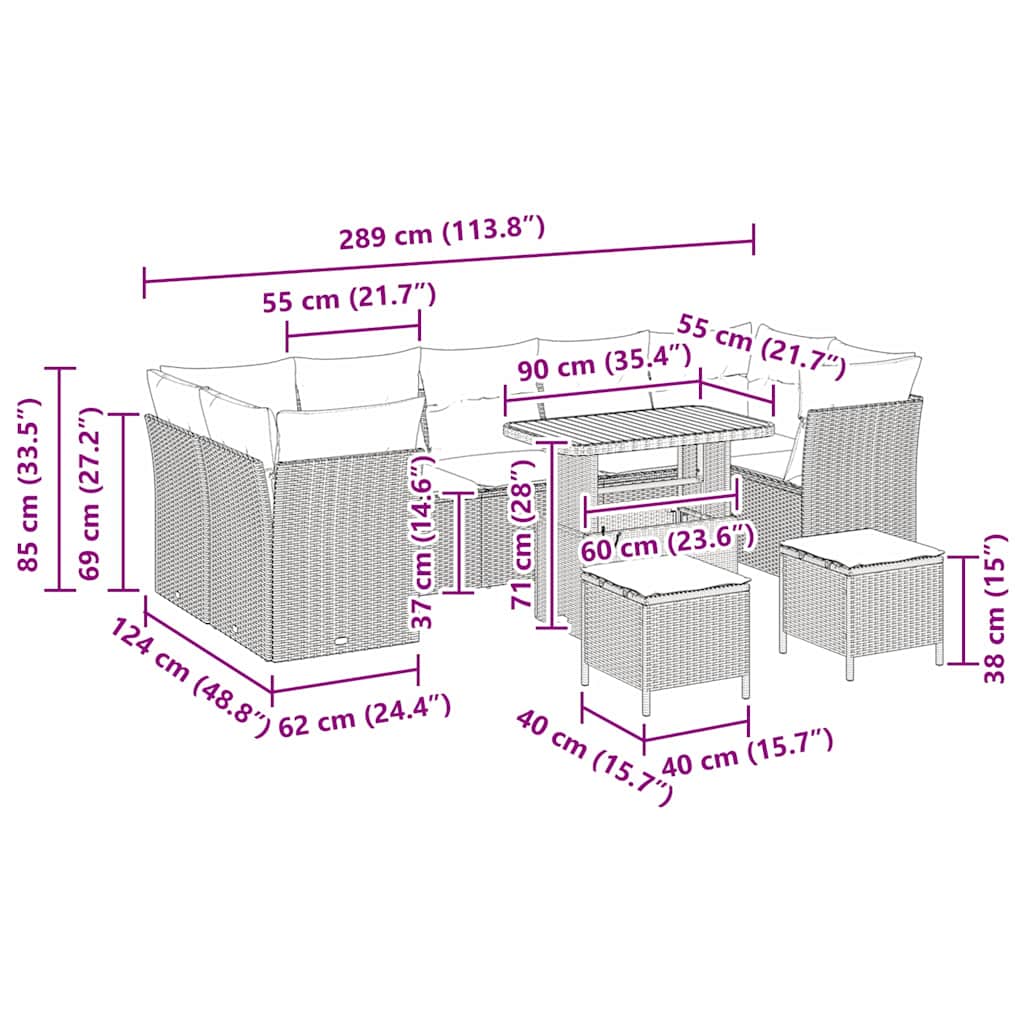 Σετ Σαλονιού Κήπου 10 Τεμαχίων vidaXL με Μαξιλάρια Μαύρο Πολυρατάν Ακακία