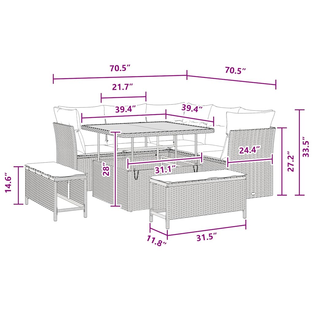 vidaXL Σετ Σαλονιού Κήπου 8 Τεμαχίων με Μαξιλάρια Μαύρο Πολυ Ρατάν Ακακίας