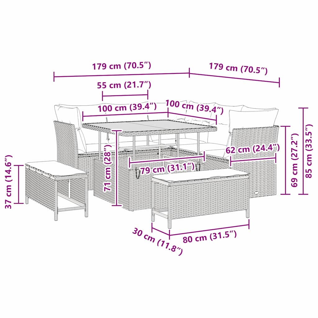 vidaXL Σετ Κήπου 8 Τεμαχίων με Μαξιλάρια σε Μαύρο Πολυ Ράττον