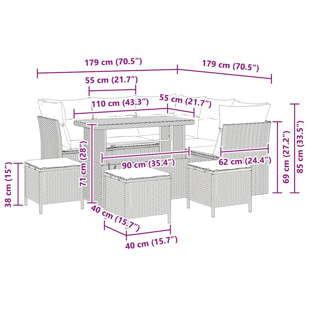 vidaXL Σετ Σαλονιού Κήπου 9 Τεμαχίων με Μαξιλάρια Μπεζ Πολυ Ρατάν Ακακίας
