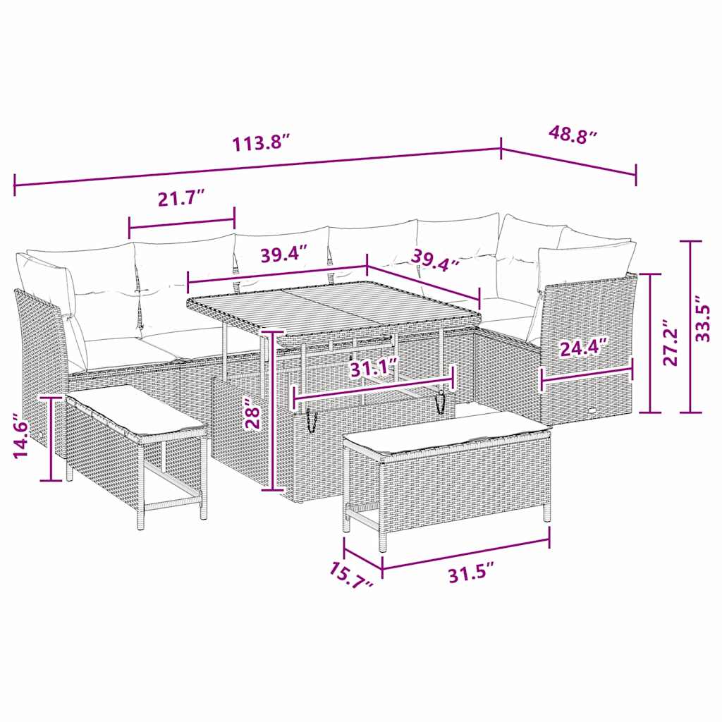 vidaXL Σετ Καναπέδων 9 Τεμαχίων Κήπου με Μαξιλάρια Μαύρο Πολυ Ρατάν Ακακία