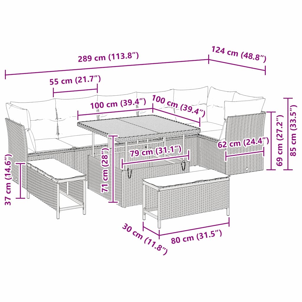 vidaXL Σετ Καναπέ 9 Τεμαχίων Κήπου με Μαξιλάρια Γκρι Πολυ Ρατάν Ακακία