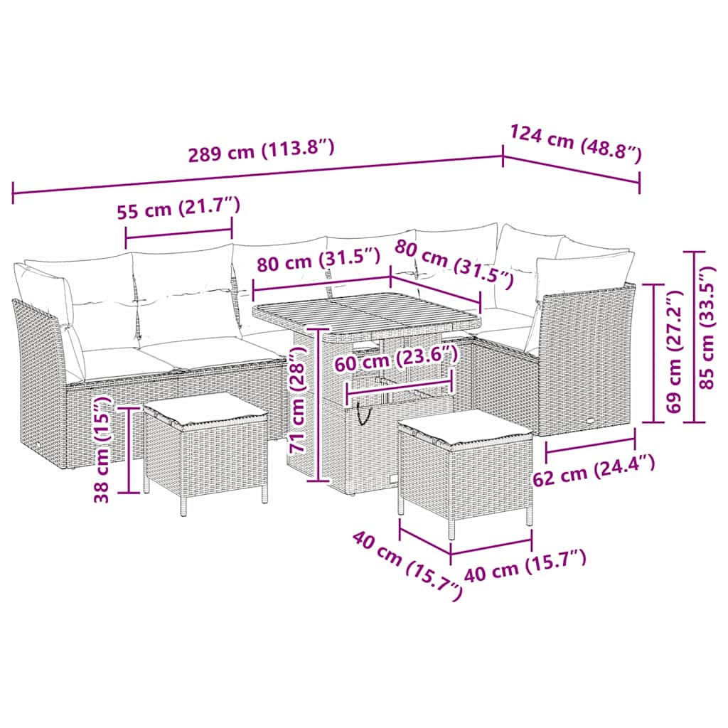 vidaXL ΣΕΤ 9 Τεμαχίων Καναπέδων Κήπου με Μαξιλάρια Μπεζ Πολυ Ρατάν