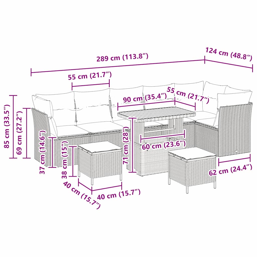 vidaXL 9 Τεμαχίων Σετ Καναπέδων Κήπου με Μαξιλάρια Μπεζ Πολυ Ρατάν Ακακία