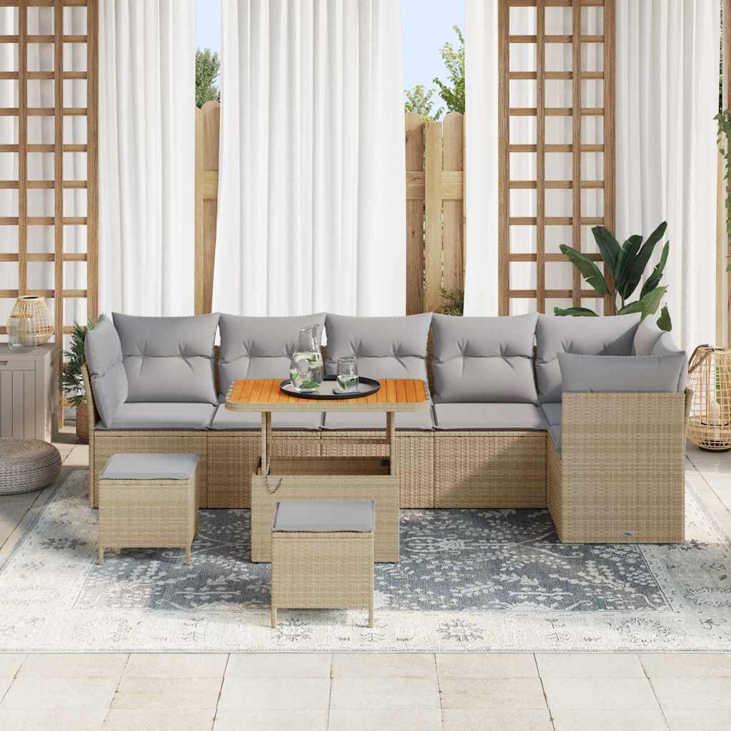 Σετ 9 Τεμαχίων Καναπέ Κήπου vidaXL με Μαξιλάρια Μπεζ Πολυ Ρατάν Ακακία, Σετ 3 Τεμαχίων Καναπέ Κήπου vidaXL με Μαξιλάρια Μπεζ Πολυ Ρατάν Ακακία