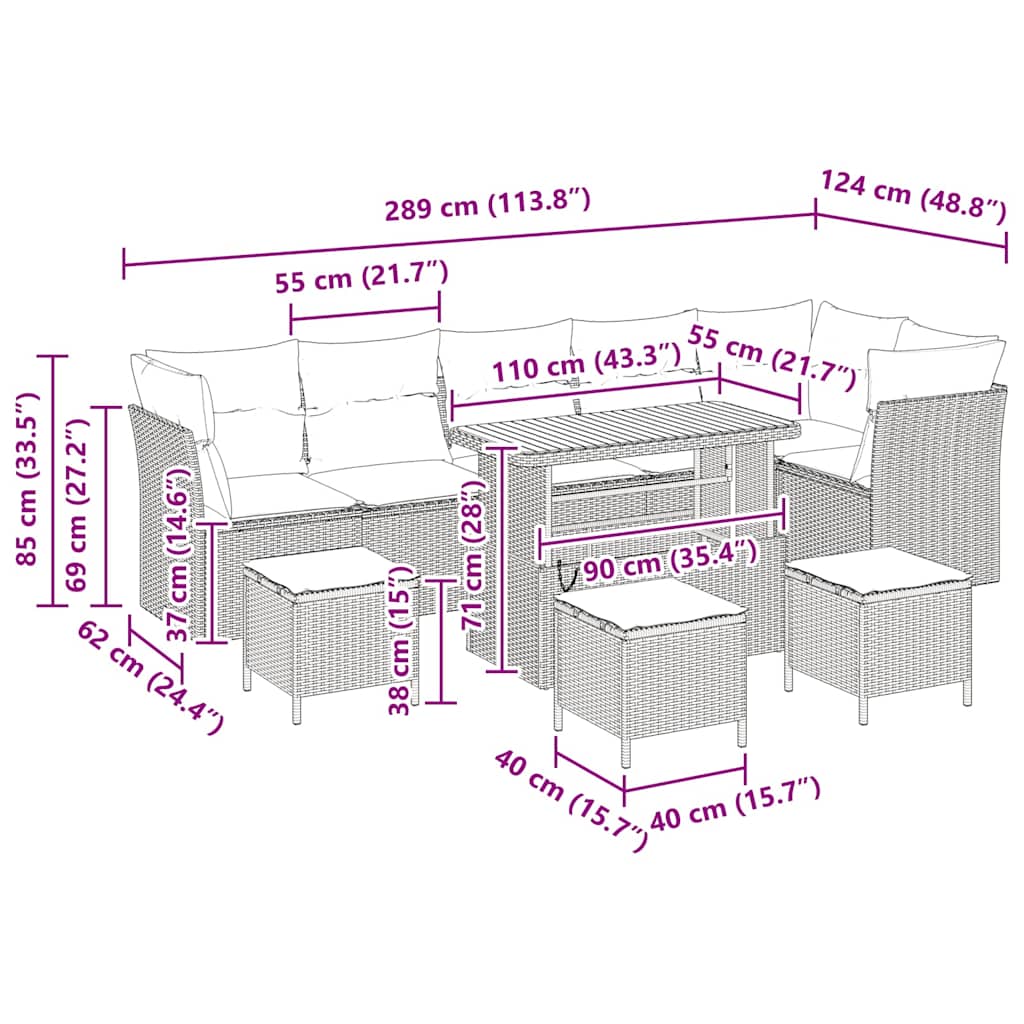 vidaXL Σετ Σαπουνιού Κήπου 10 Τεμαχίων με Μαξιλάρια Μπεζ Ρατάν