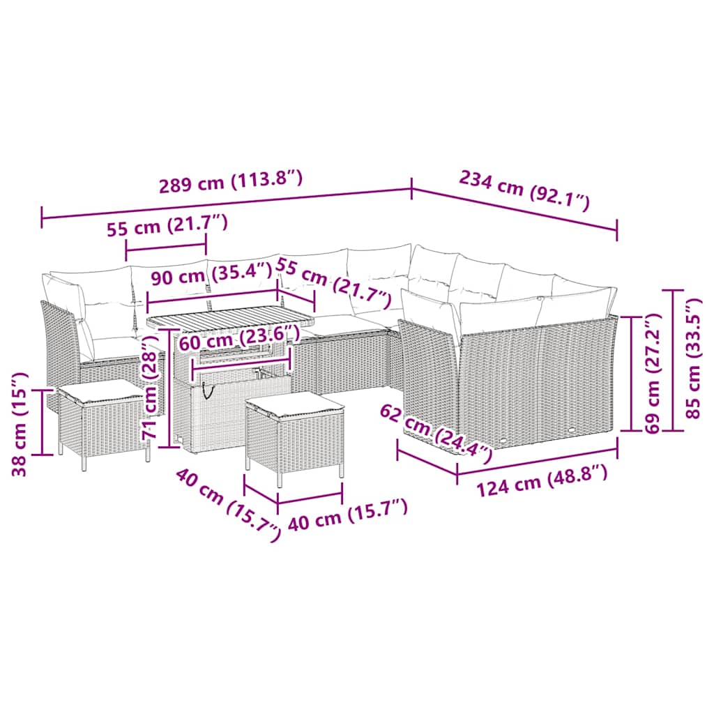 Σετ καναπέ κήπου 12 τεμαχίων vidaXL με μαξιλάρια Μαύρο Πολυ Ράτανο Ακακία
