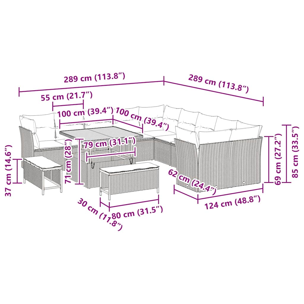 vidaXL Σετ Σαλονιού Κήπου 13 Τεμαχίων με Μαξιλάρια Γκρίζο Πολυ Ρατάν Ακακία