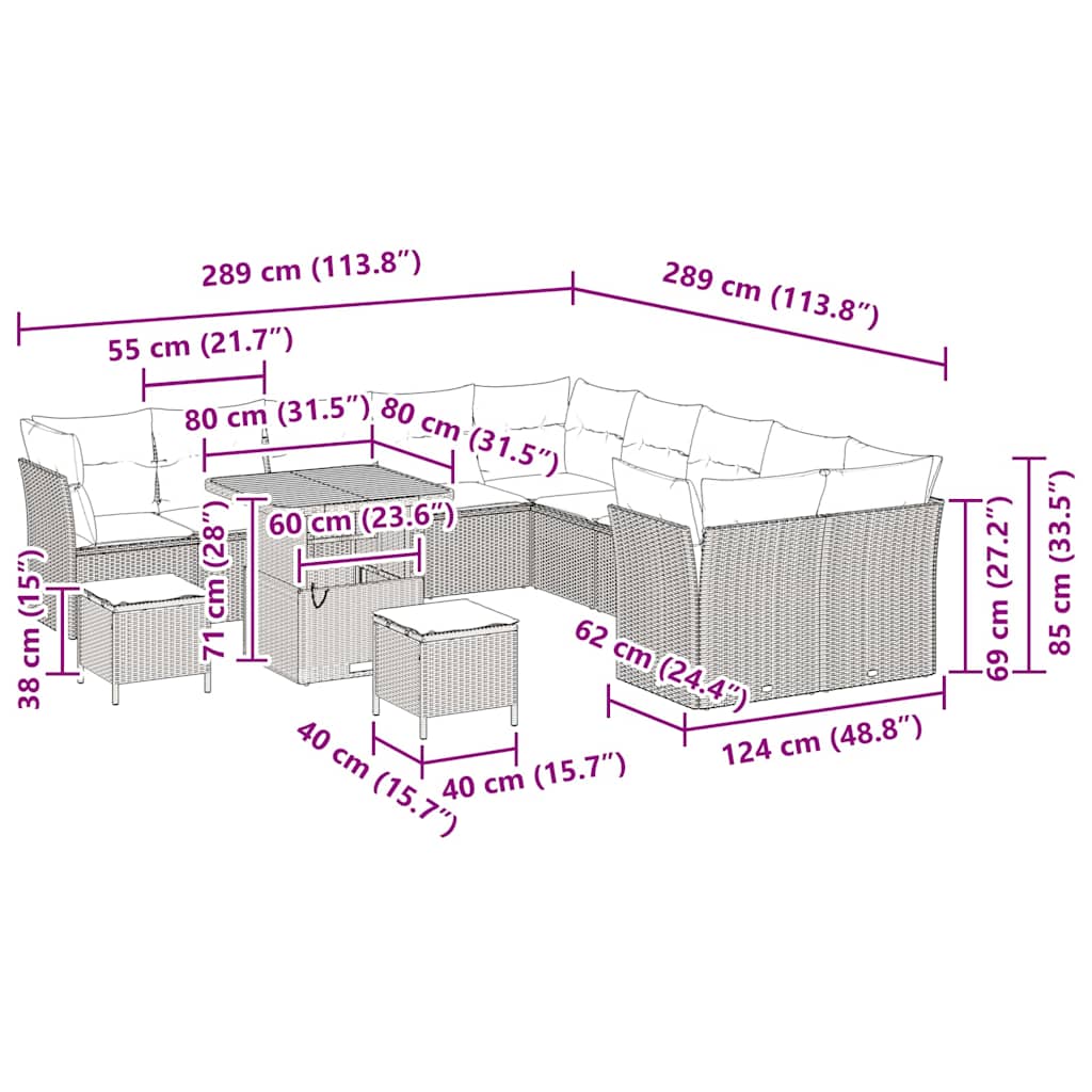 vidaXL Σετ Κήπου 13 Τεμαχίων με Μαξιλάρια Μπεζ Ρατάν Πολυ Ακακία