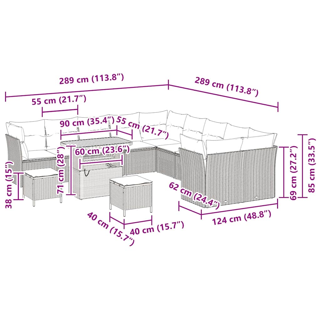 Σετ 13 Τεμαχίων Καναπέ Κήπου με Μαξιλάρια Μπεζ Πολυ Ρατάν Ακακία