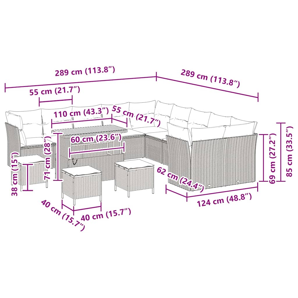 Σετ Καναπέ Κήπου 14 τεμαχίων με Μαξιλάρια Μπεζ Πολυ Ρατάν Ακακία