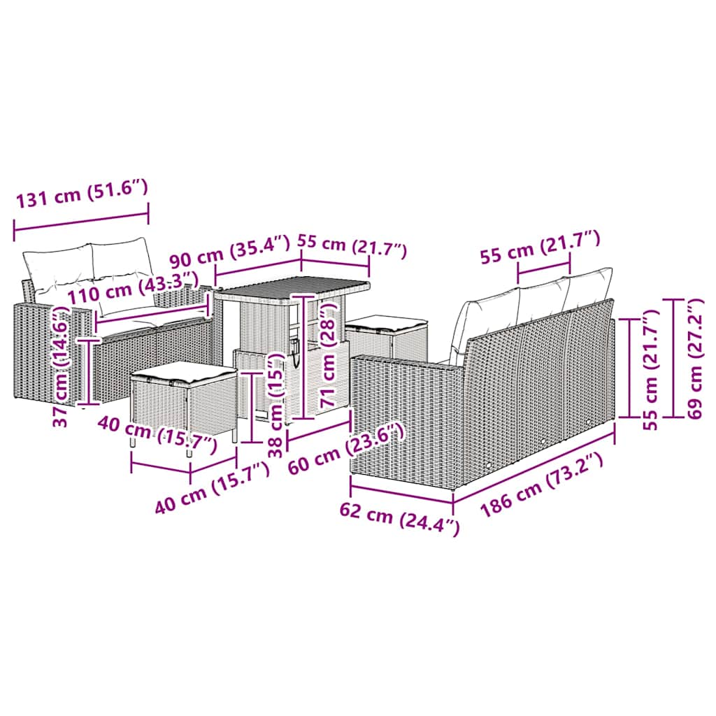 vidaXL Σετ Σαλονιού Κήπου 8 κομματιών με Μαξιλάρια Μαύρο Πολυεστερικό Ρατάν Ακακία