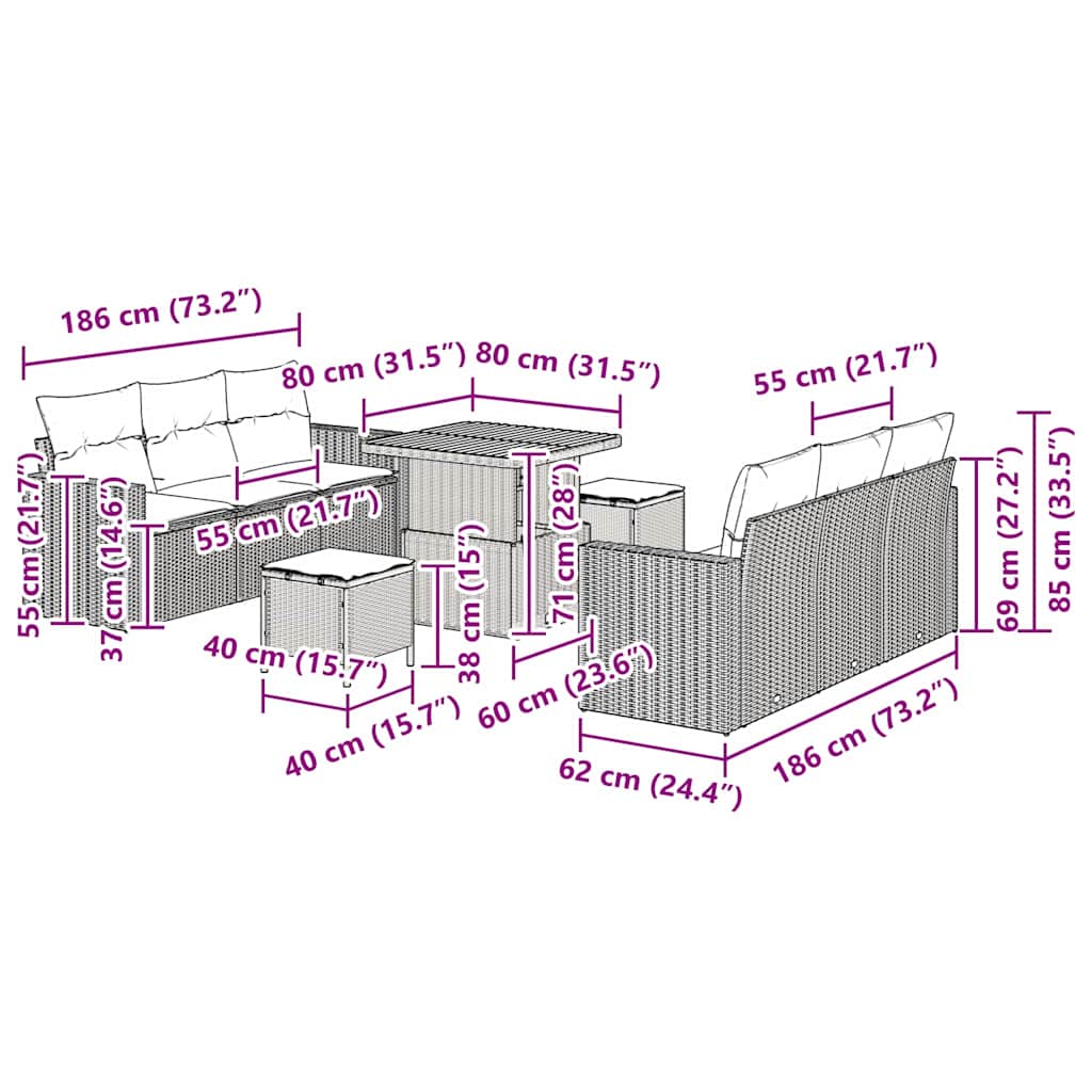 vidaXL Σετ 9 Κομματιών Σαλονιού Κήπου Με Μαξιλάρια Μπεζ Ρατάν Πολυ Εξωτερικού