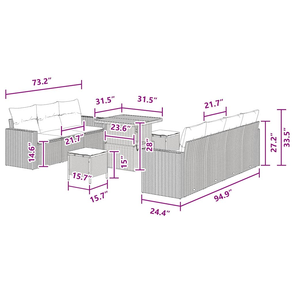 vidaXL Σετ 10 Τεμαχίων Καναπέ Κήπου με Μαξιλάρια Μαύρο Πολυ Ρατάν Ακακία