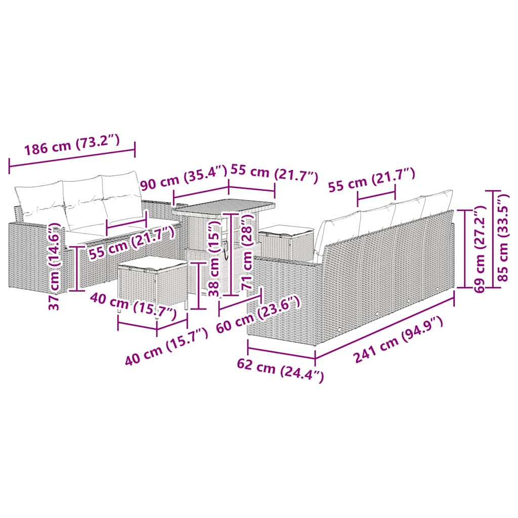 vidaXL Σετ Καναπέ Κήπου με μαξιλάρι 10 pcs Γκρι συνθετικό ρατάν