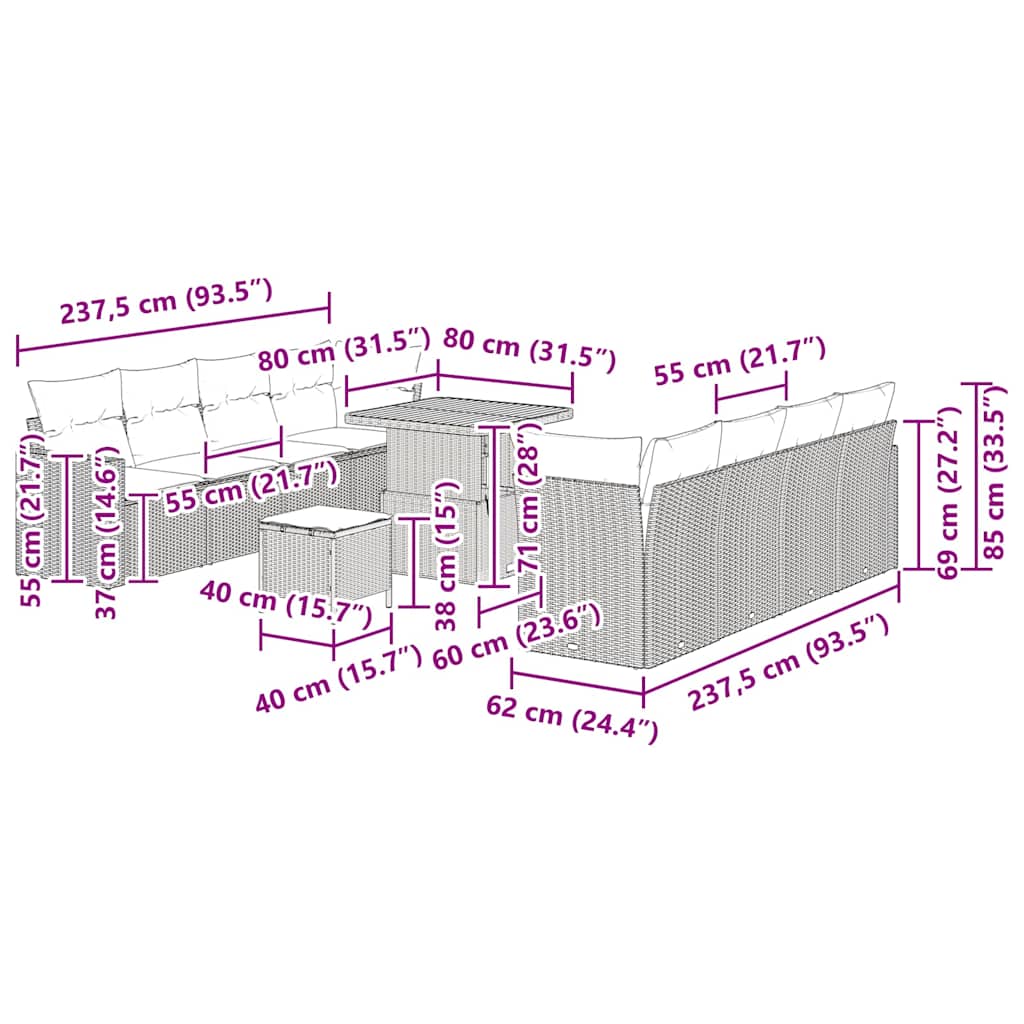 vidaXL Σετ Καναπέ Κήπου 11 Τεμαχίων με Μαξιλάρια Μπεζ Πολυ Ράτα Ακακία