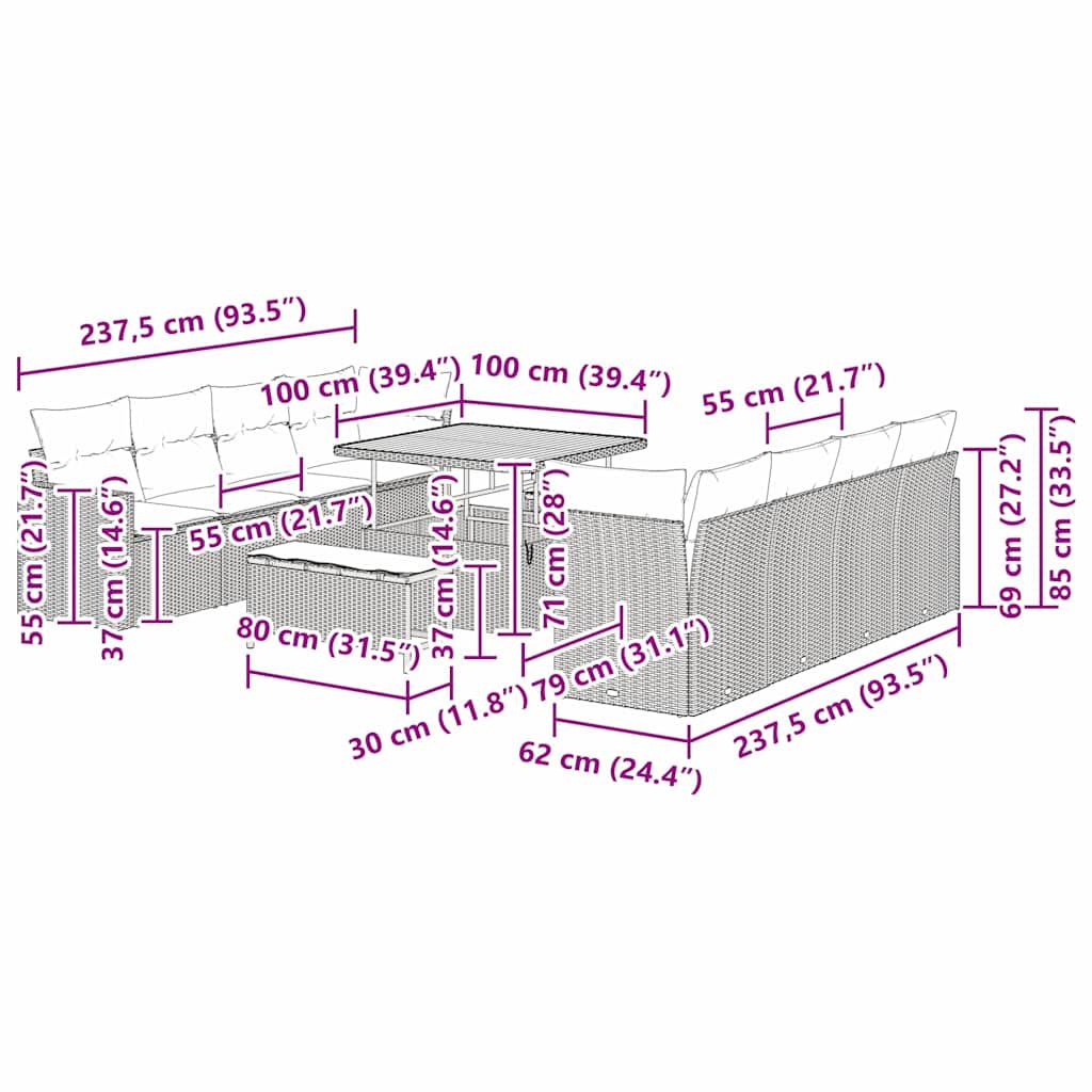 vidaXL 11 Τεμαχίων Σετ Σαλονιού Κήπου με Μαξιλάρια Γκρι Πολυ Ρατάν Ξυλεία