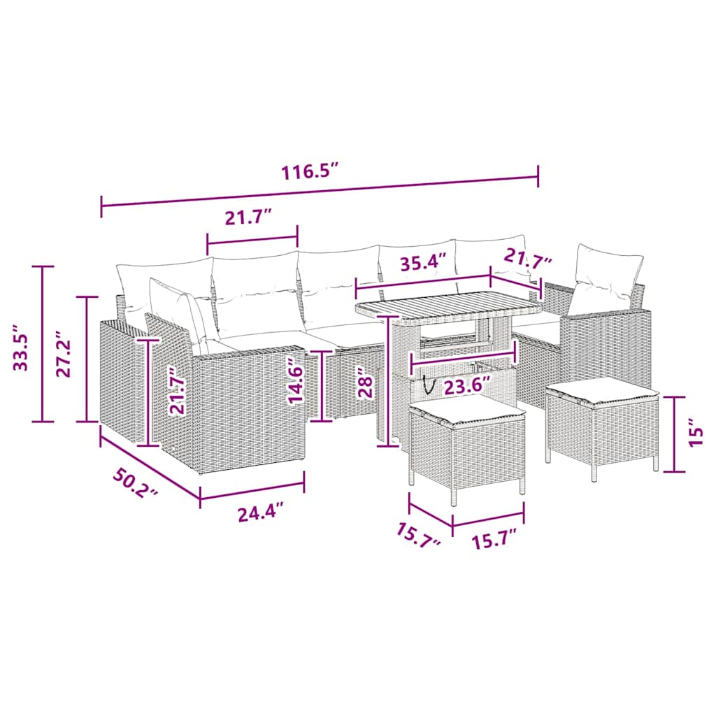 vidaXL Σετ σαλονιού κήπου 10 τεμαχίων με μαξιλάρια Μαύρο Συνθετικό Ρατάν
