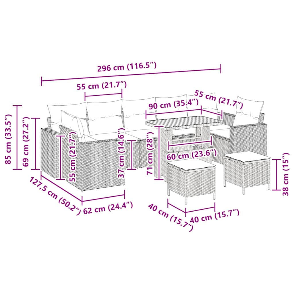 vidaXL Σετ Σαλονιού Κήπου 10 Τεμαχίων με Μαξιλάρια Μαύρο Πολυ Ράτανα Ακακίας