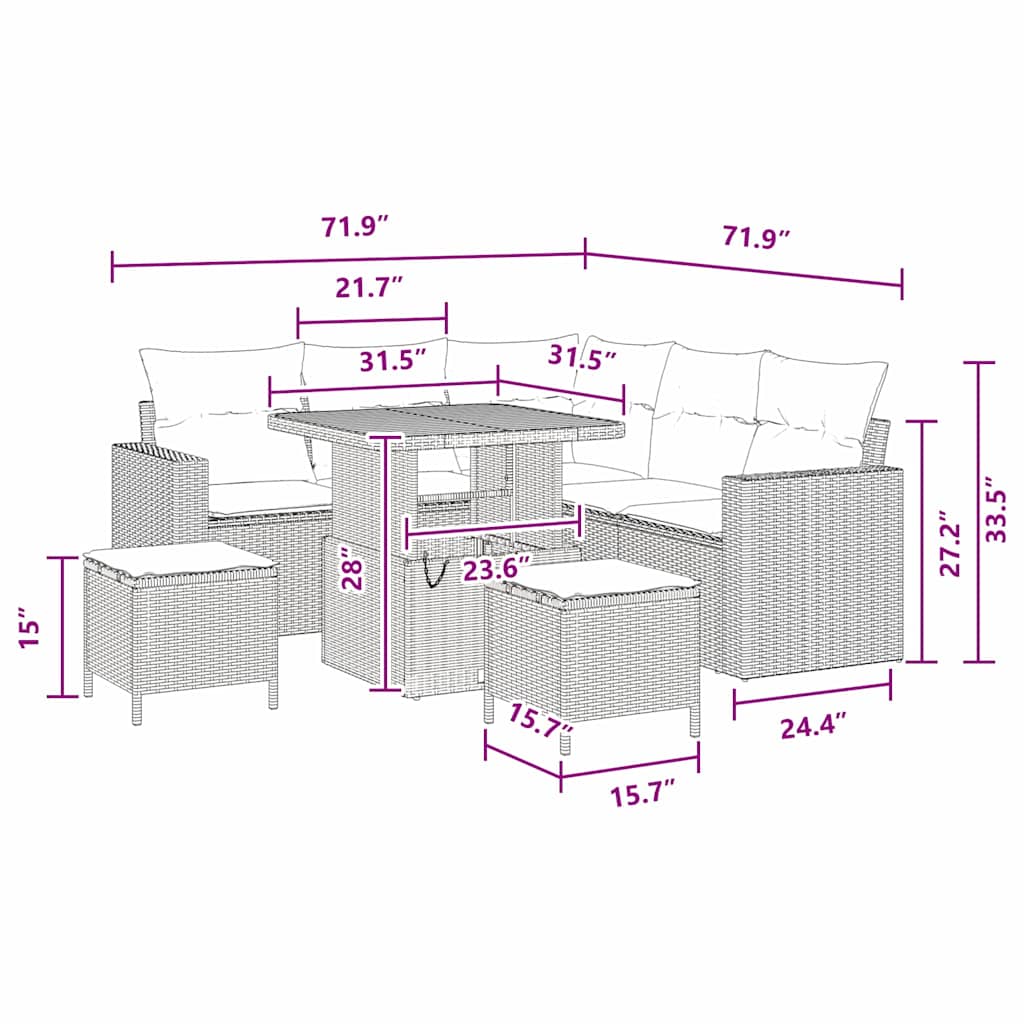 vidaXL Σετ 8 Τεμαχίων Σαλονιού Κήπου με Μαξιλάρια Μαύρο Ρατάν