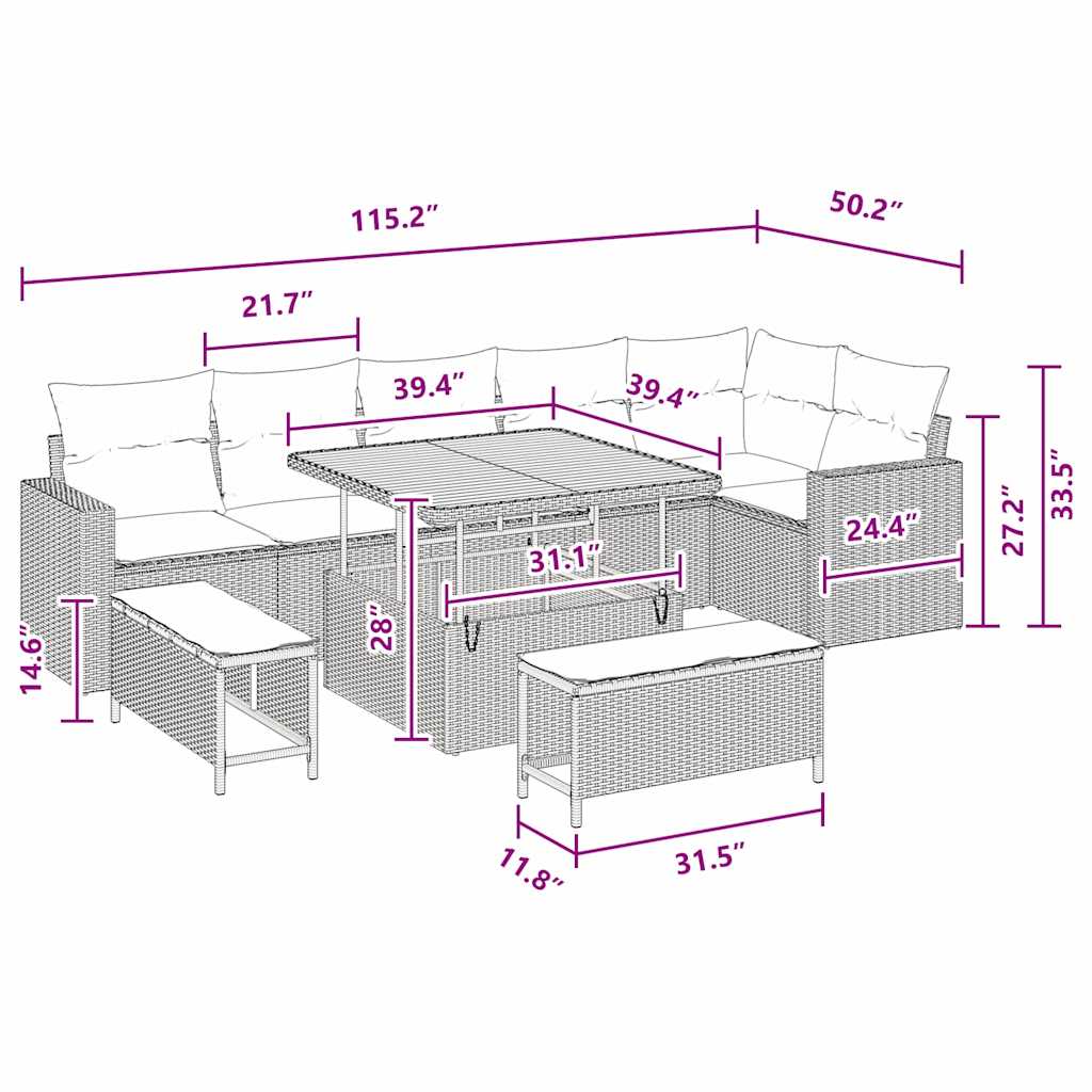 vidaXL 9 τεμαχίων Σετ Καναπέ Κήπου με Μαξιλάρια Μαύρο Πολυ Ράτανα