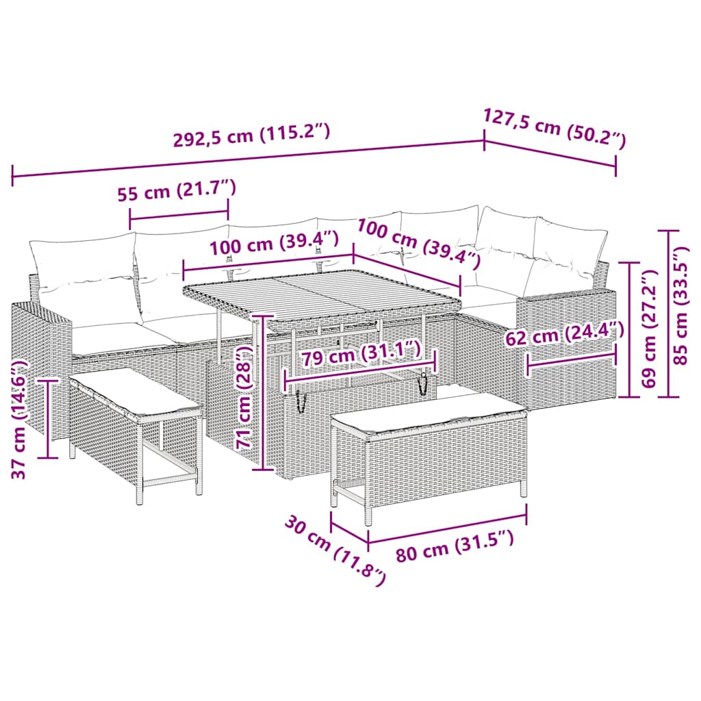 vidaXL Σετ Καναπέ 9 Τεμαχίων Κήπου με Μαξιλάρια Μπεζ Πολυ Ρατάν
