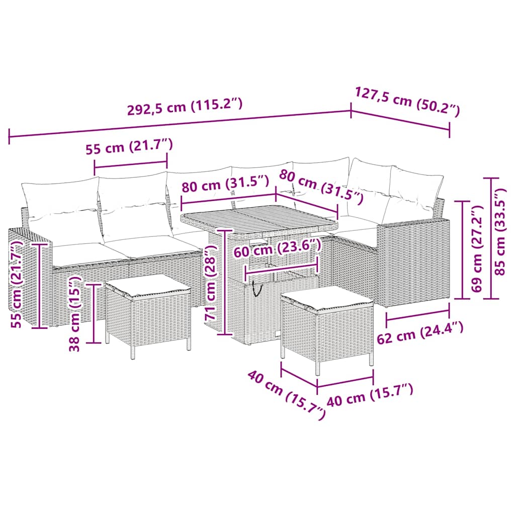 vidaXL Σετ 9 τεμαχίων Καναπέ Κήπου με Μαξιλάρια Μπεζ Πολυ Ρατάν Ακακία