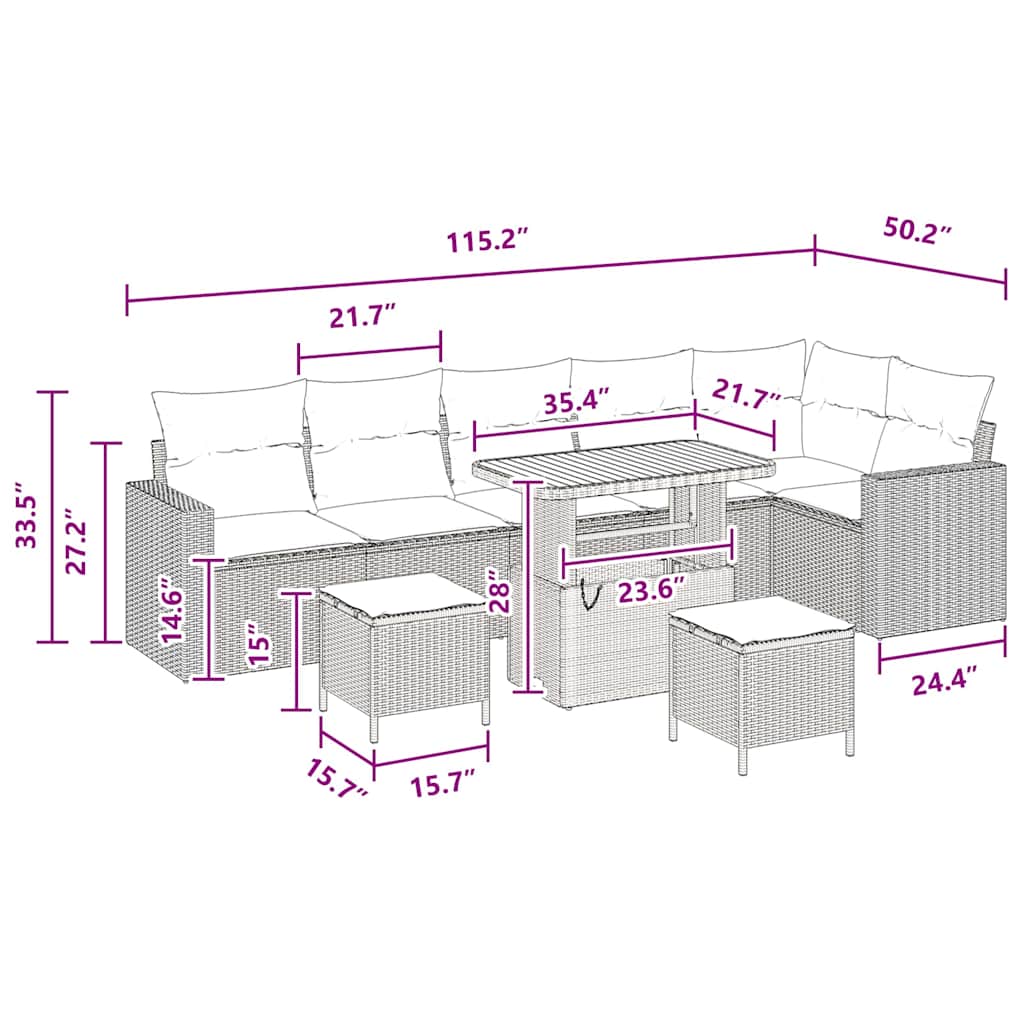 vidaXL Σετ Καναπέ Κήπου 9 Τεμαχίων με Μαξιλάρια - Μαύρο Πολυ Ρατάν και Ακακία