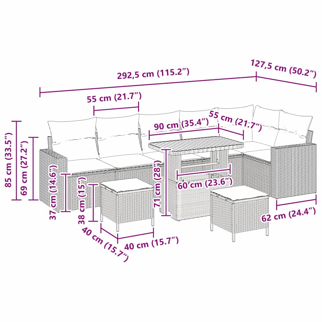 vidaXL Σετ 9 Τεμαχίων Καναπέ Κήπου με Μαξιλάρια Μπεζ Πολυρατάν Ακακία