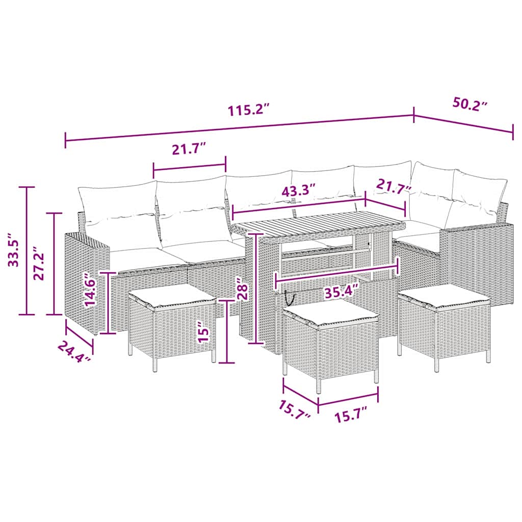 vidaXL Σετ Καναπέ Κήπου 10 Τεμαχίων με Μαξιλάρια Μαύρο Πολυ Ρατάν Ακακίας