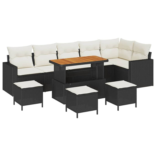 vidaXL 10 τεμάχιο σετ καναπέ κήπου με μαξιλάρια Μαύρο Πολυ Ρατάν Ακακία